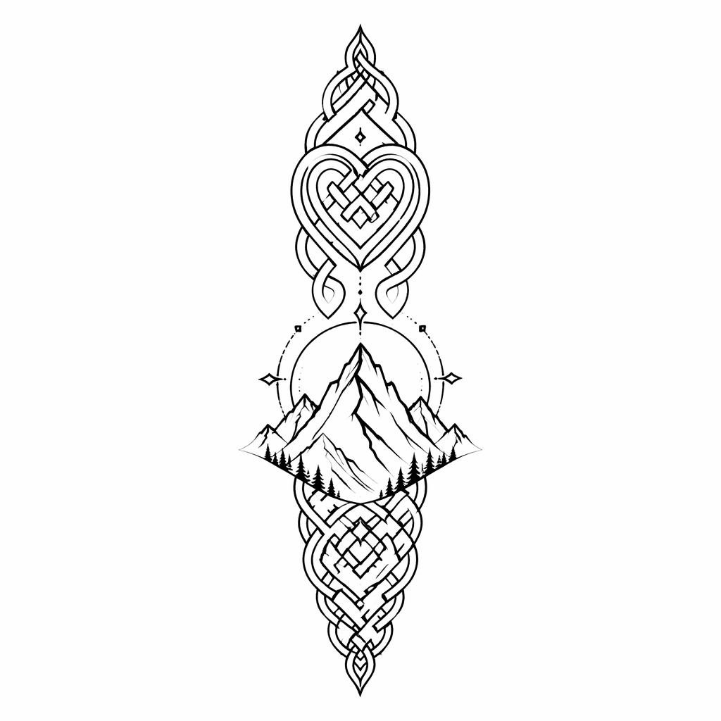 Black ink tattoo flash on white paper showing a minimalist fineline mountain with bold blackwork lines.