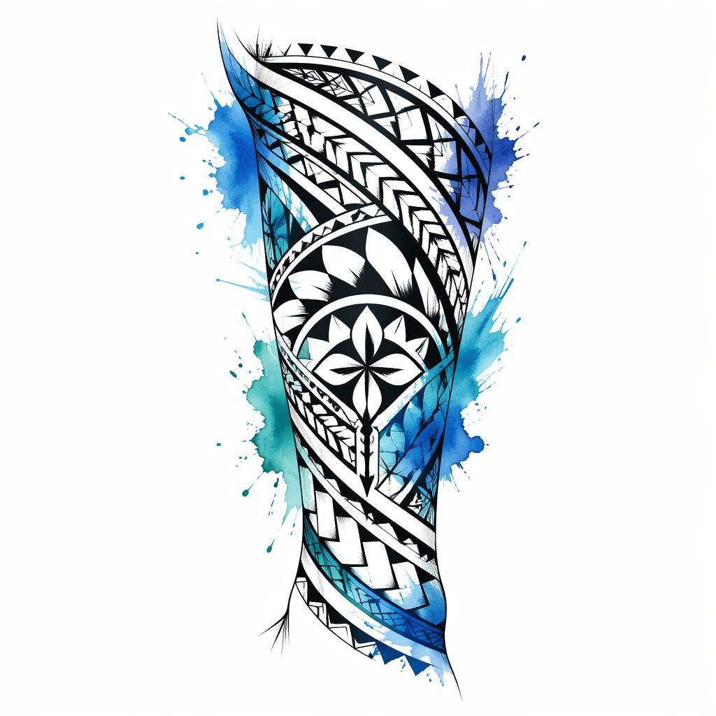 Samoanisches Calf-Wrap-Tattoo-Design auf weißem Papier, mit Aquarell-Splashes, scharfen Linien und hohem Kontrast.