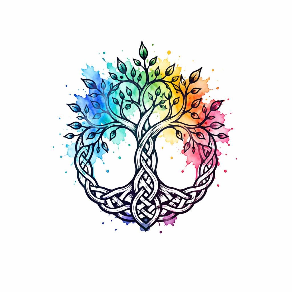Tiny Celtic tree of life tattoo flash on white paper with watercolor splash, sharp lines, plain white background.