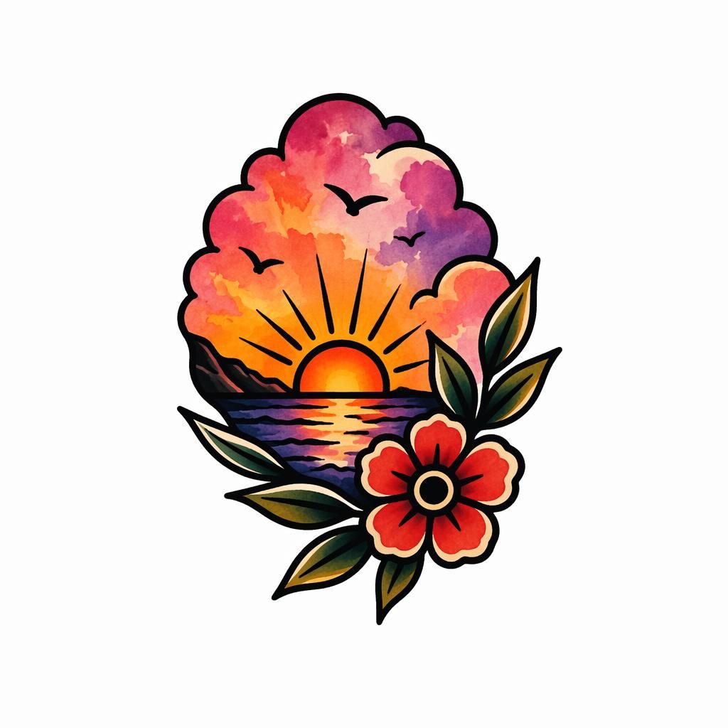 Kleines Traditional-American-Tattoo-Design auf weißem Papier mit Sunset-Aquarellfarben, klaren Linien und hohem Kontrast.