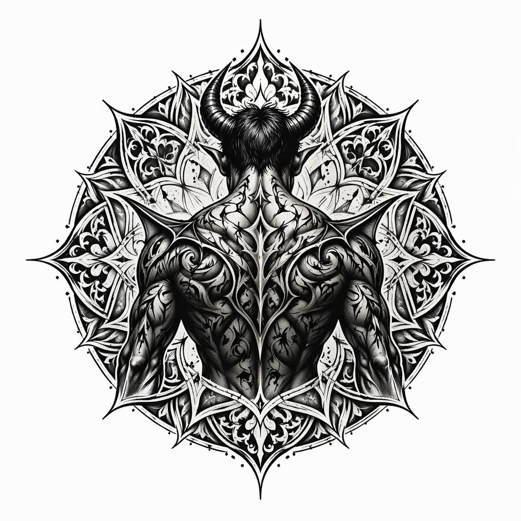 Schwarzes Mandala-Rückenmotiv als Tattoo-Entwurf auf weißem Papier, Blackwork mit klaren Linien und hohem Kontrast.
