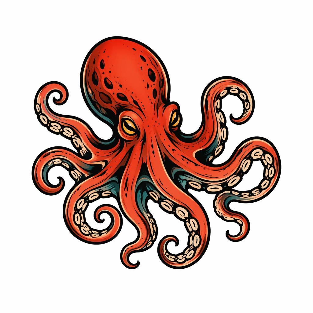 Neo-Traditional Oktopus als Tattoo-Flash auf weißem Papier, mit kräftigen Linien und hohem Kontrast.