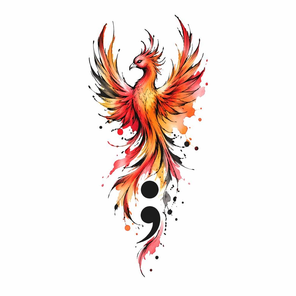 Tiny Japanese phoenix back tattoo concept on white paper in watercolor splash style, clean flash-sheet lines, plain white background