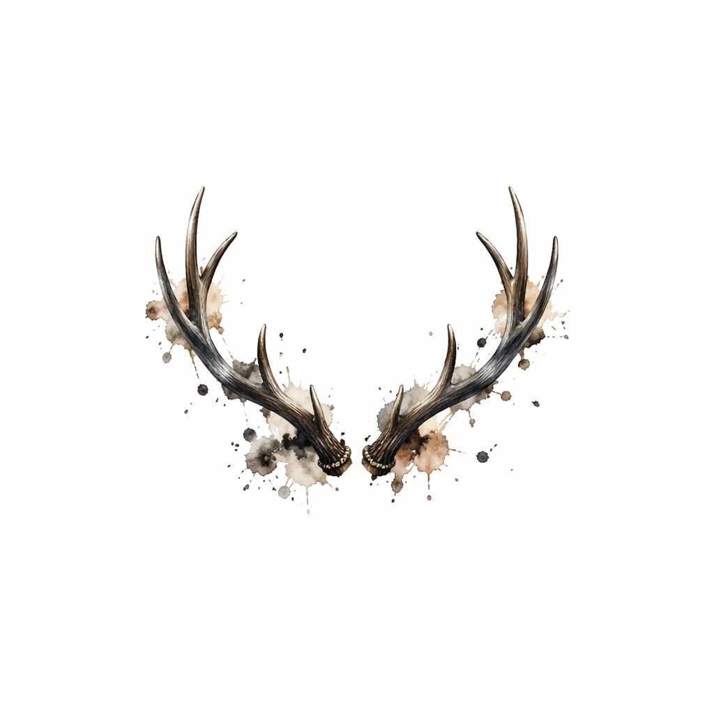 Tiny realism deer antlers tattoo design on white paper with watercolor splash accents, sharp lines, plain white background