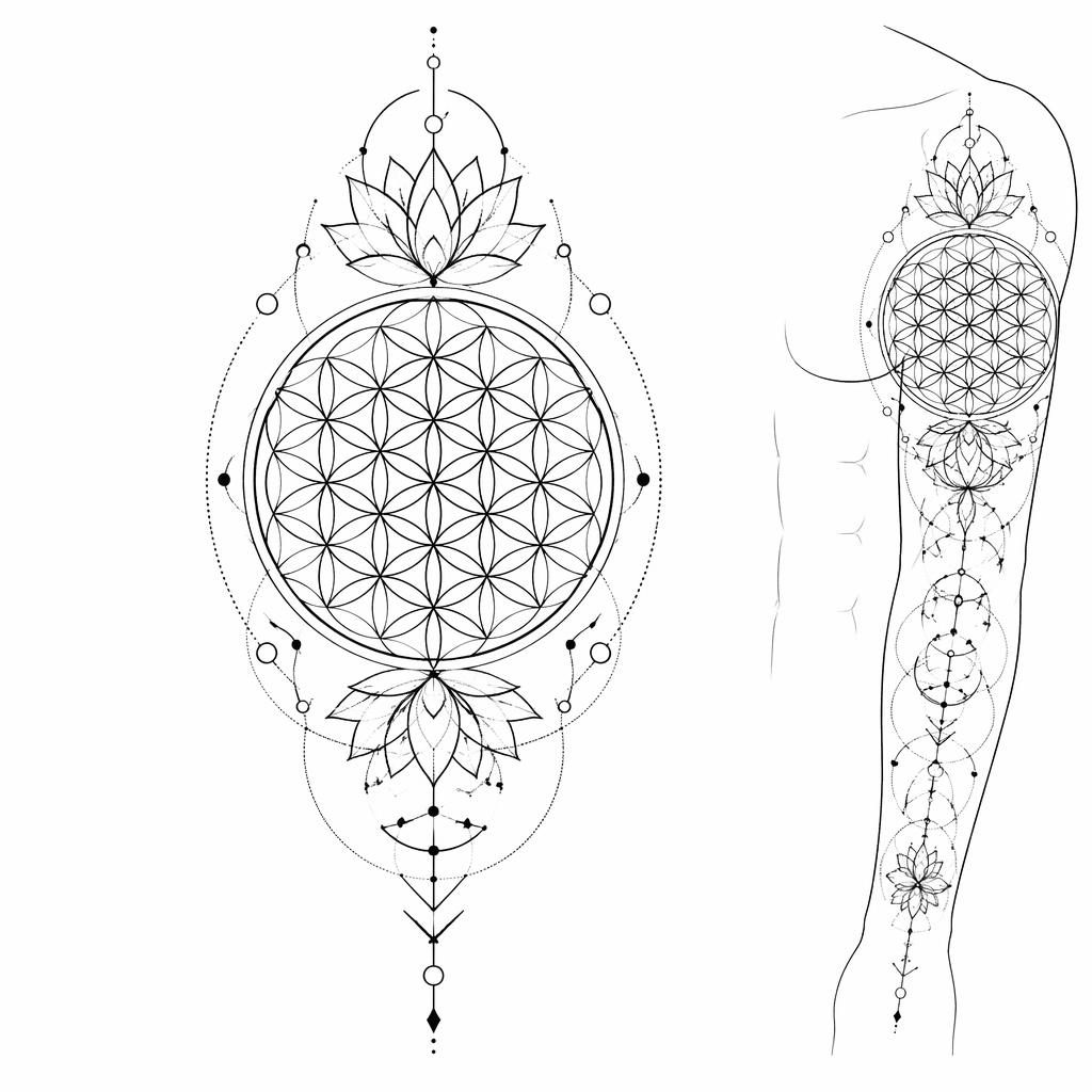 Diseño de tatuaje en papel blanco con flor de la vida de geometría sagrada en estilo fineline minimalista.