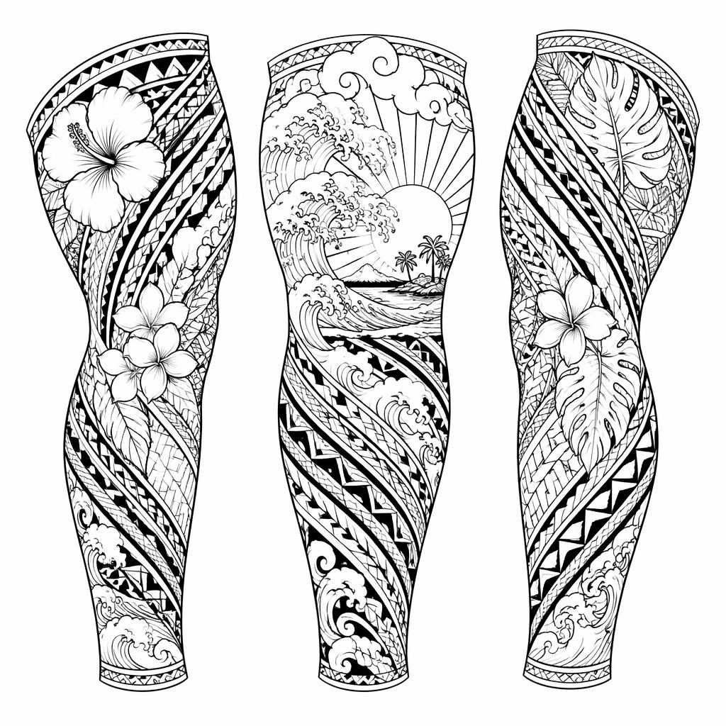 Tattoo-Design auf weißem Papier: samoanischer Calf Wrap im japanischen Irezumi-Stil, klare Linien, hoher Kontrast