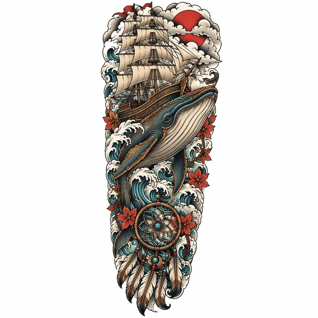 Tattoo flash design on white paper showing a neo traditional whale ship in Japanese irezumi style for a full sleeve panel.