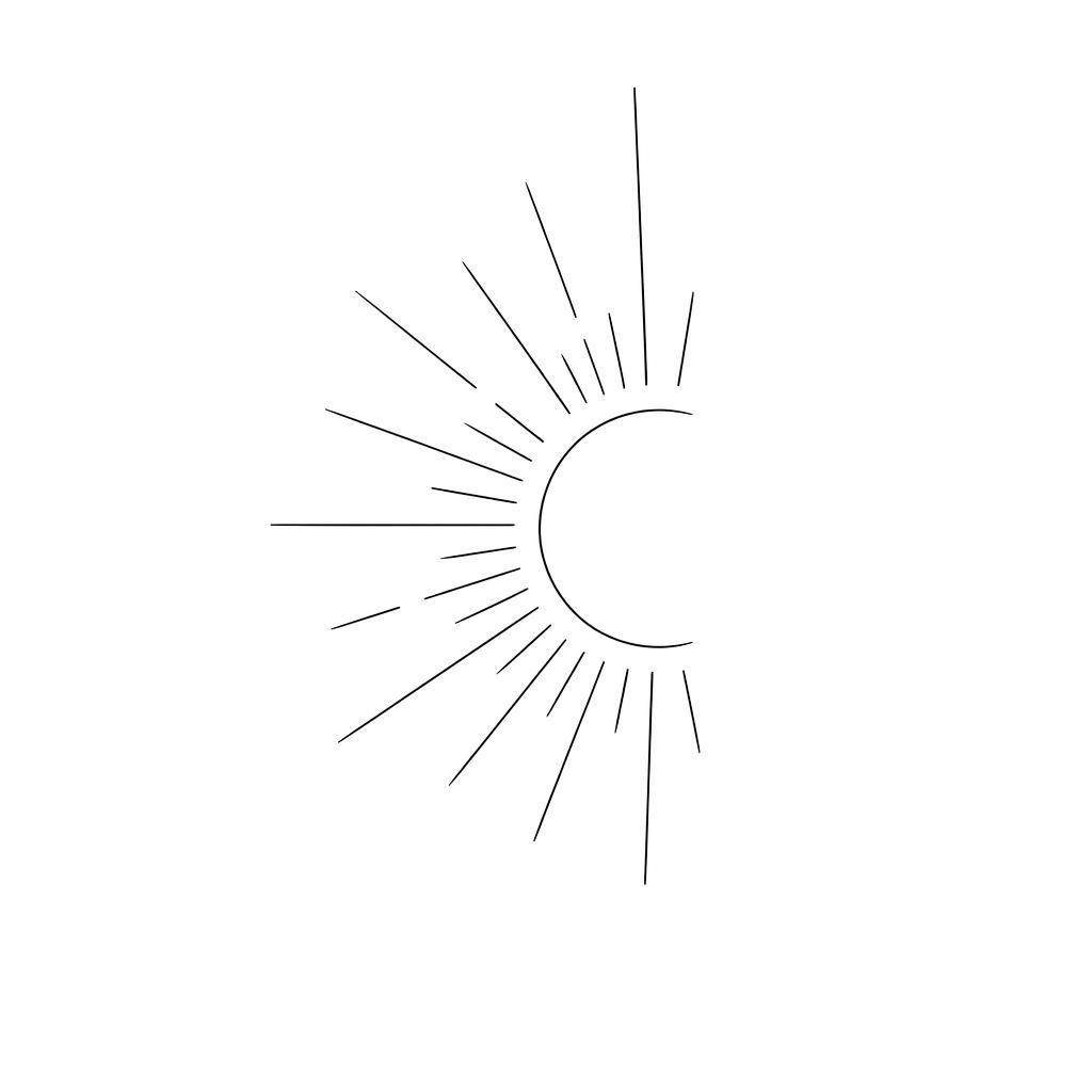 Minimalistische Fineline-Sonnenstrahlen als Tattoo-Design auf weißem Papier, klare schwarze Linien, Flash-Sheet-Stil