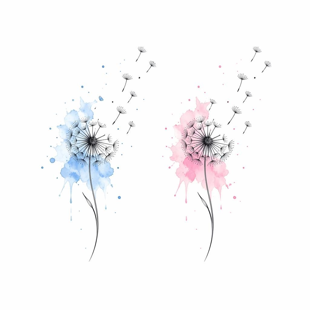Minimalist fineline dandelion tattoo design on white paper with watercolor splash accents, clean sharp lines.