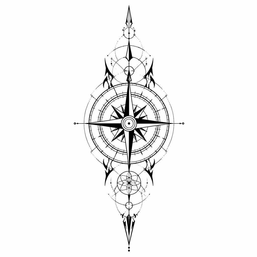 Sacred-Geometry-Kompass als Tribal-Tattoo-Design auf weißem Papier, schwarze klare Linien, Flash-Sheet-Stil