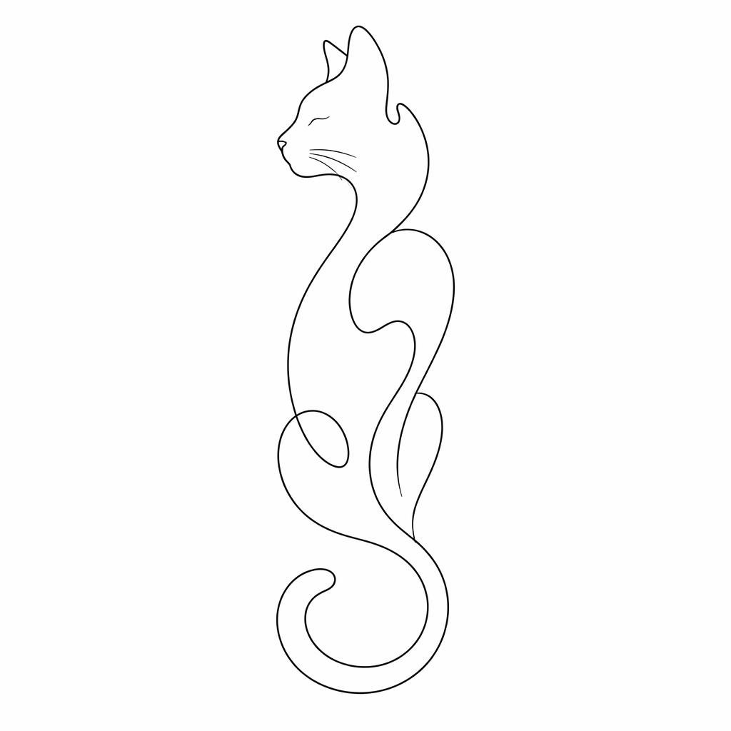 Minimalist fineline cat outline tattoo design on white paper, clean black line flash-sheet illustration on plain white background.