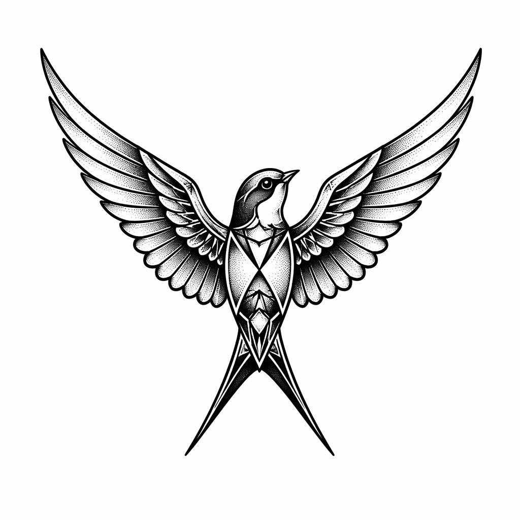 Traditional swallow chest tattoo design on white paper in geometric dotwork style, clean flash-sheet lines.
