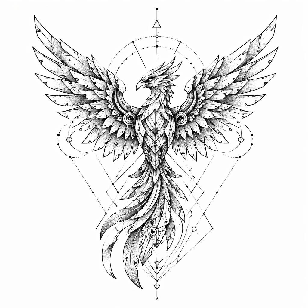 Tattoo-Entwurf eines japanischen Phönix auf weißem Papier, geometrisch und im Dotwork-Stil, klare Linien, hoher Kontrast.