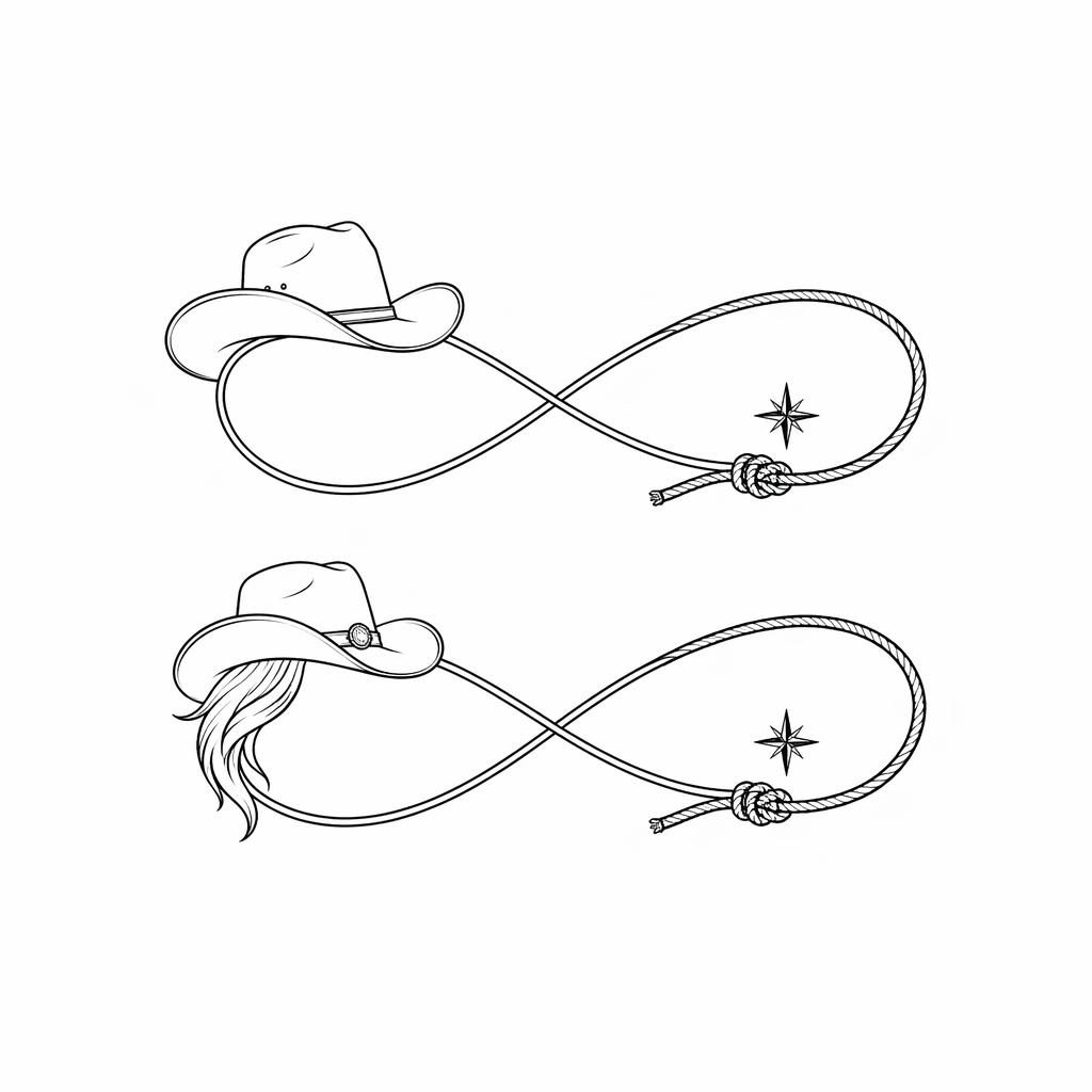 Fineline minimalist tattoo flash on white paper showing a matching couple infinity design with sharp black lines.