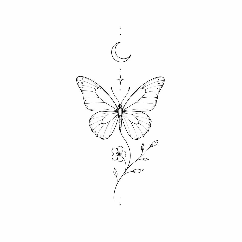 Desenho de tatuagem feminina pequena em papel branco com borboleta fineline, lua crescente e detalhe floral.