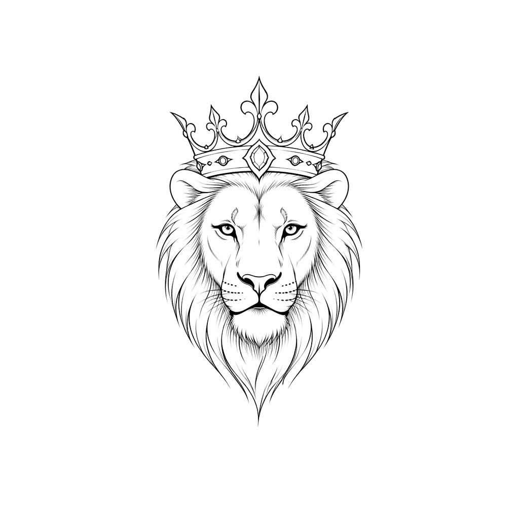 Fineline minimalist tattoo design on white paper showing a small lion with a crown for forearm or wrist placement.