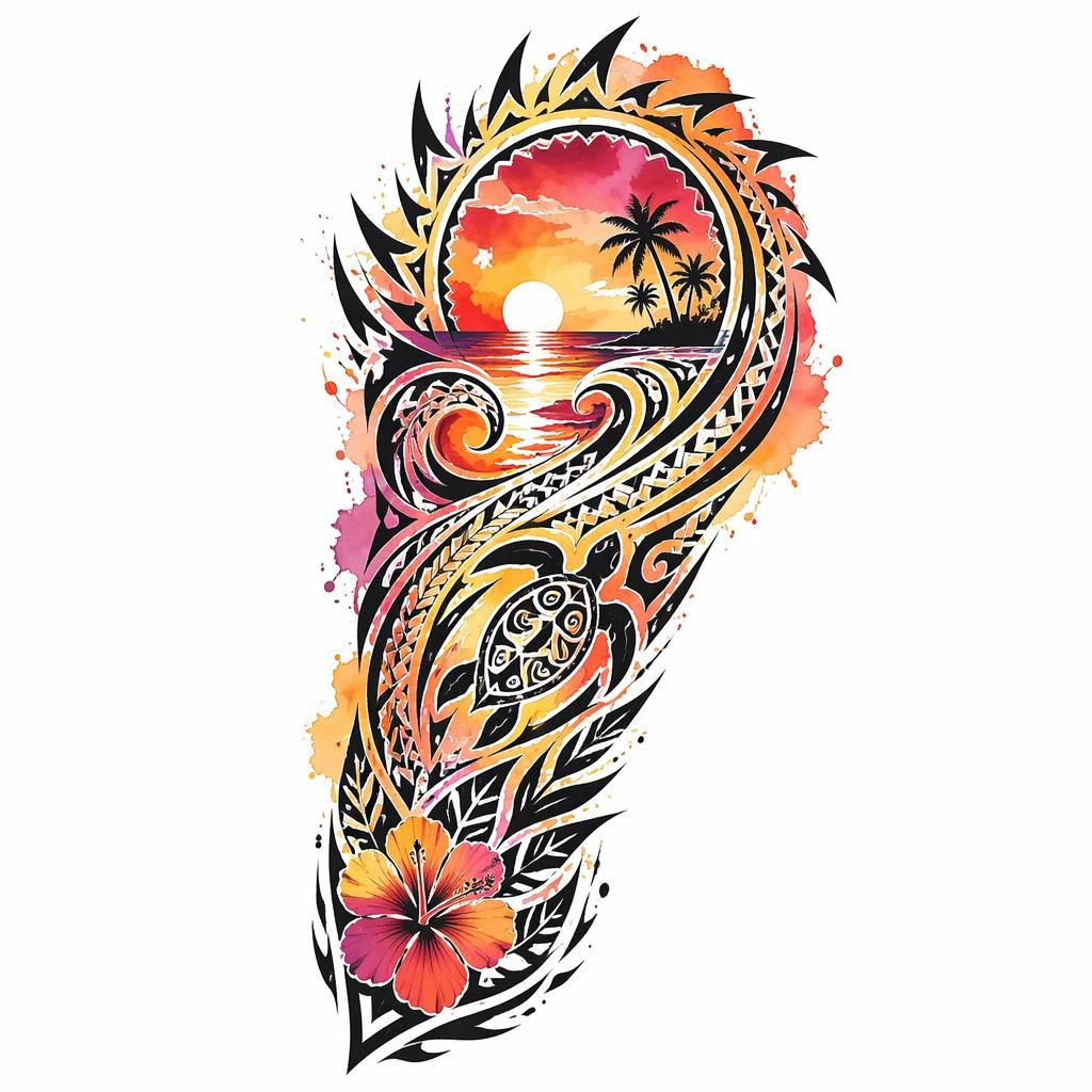 Tribal-Tattoo-Design auf weißem Papier mit Aquarell-Sunset-Farben, klare Linien, Flash-Sheet für Rippe oder Sleeve