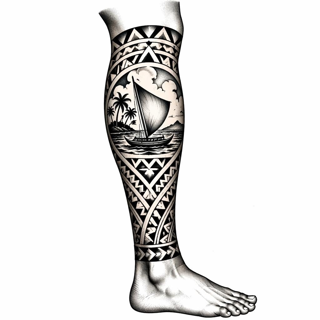 Black ink Samoan calf wrap tattoo design on white paper, flash-sheet style with sharp lines and high contrast.