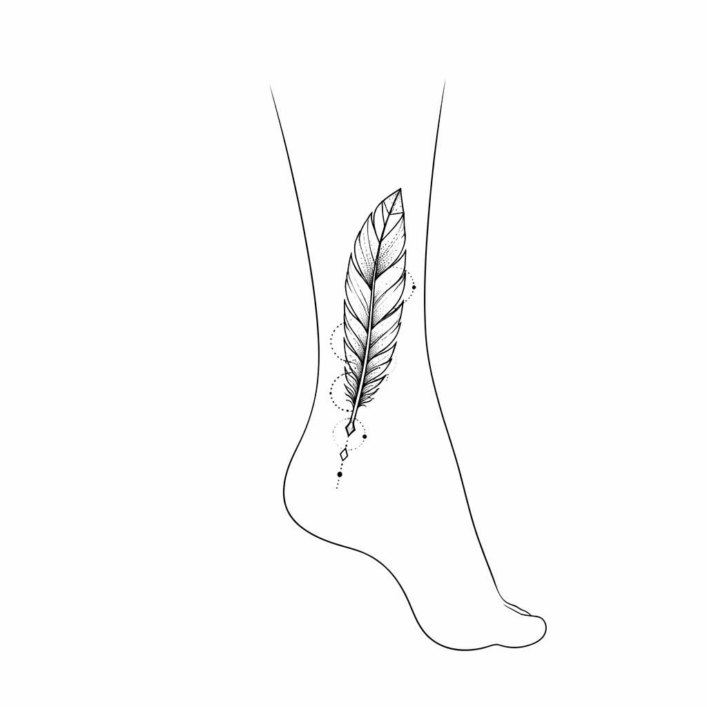 Geometric dotwork feather quill tattoo concept on white paper, sized as a tiny behind-ankle flash design.