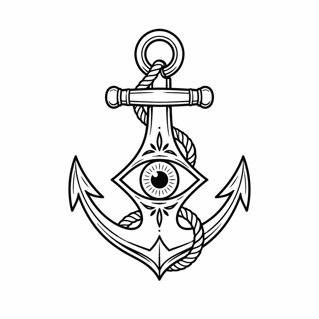 Traditional anchor tattoo sketch on white paper, tiny flash-sheet linework with sharp black outlines on plain background.
