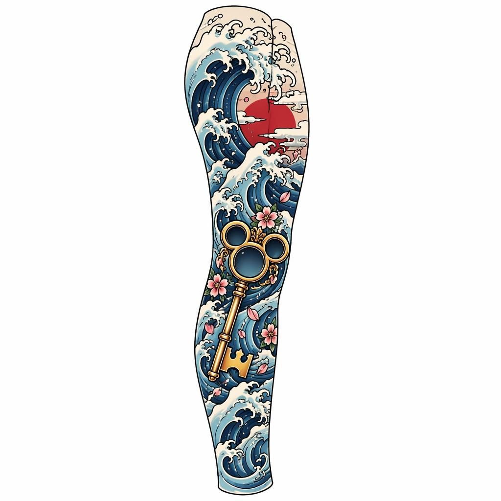 Tattoo-Design auf weißem Papier mit japanischer Wellen-Full-Sleeve im Neo-Traditional-Stil, klare Linien.