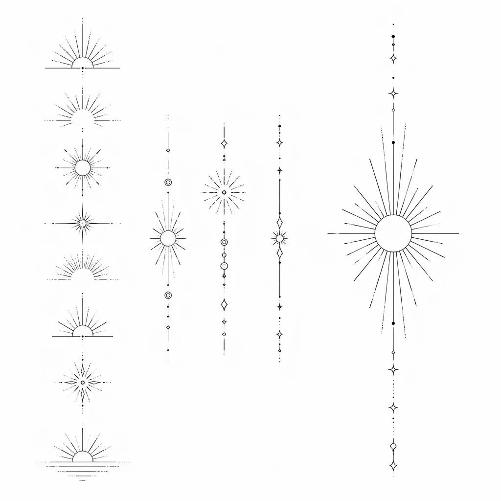 Minimalistische Fineline-Sonnenstrahlen als kleiner Tattoo-Entwurf auf weißem Papier, geometrisch mit Dotwork.