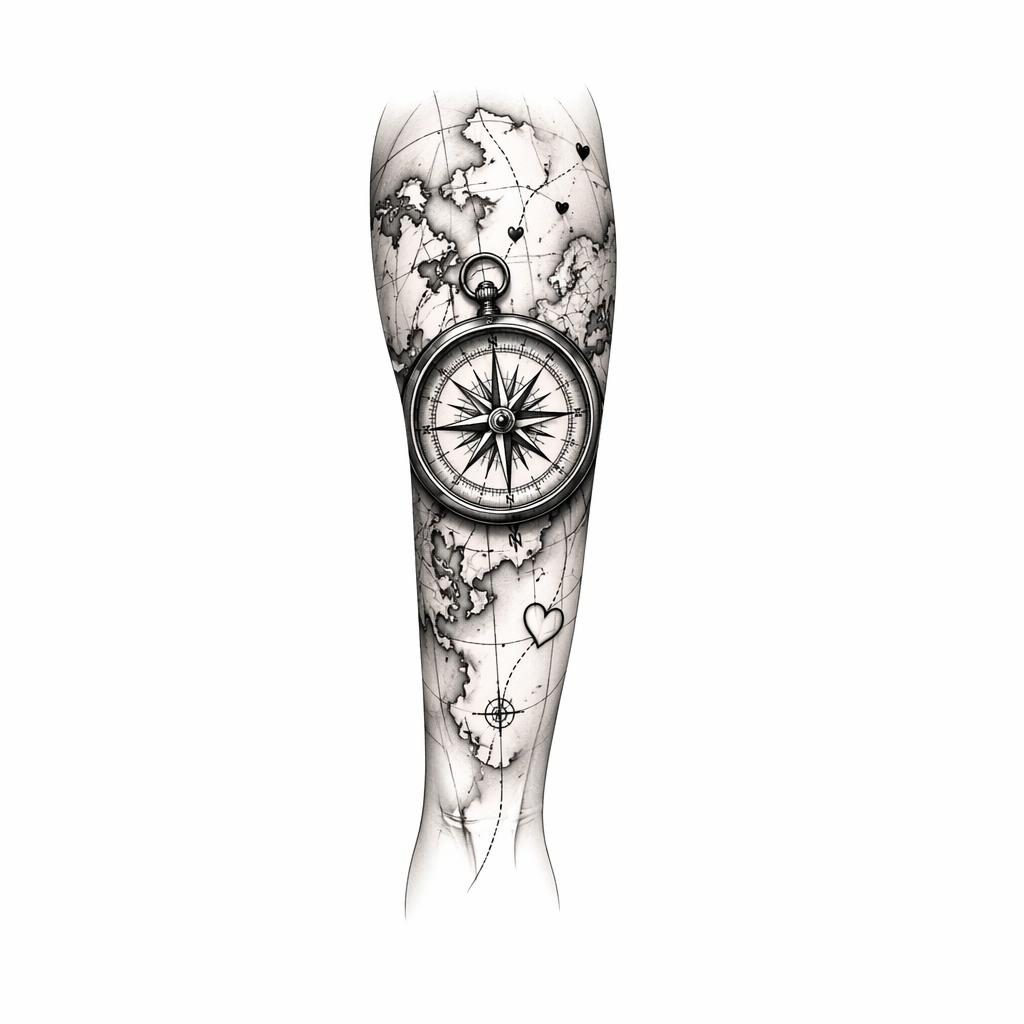 Diseño de tatuaje pequeño en papel blanco con brújula y mapa, líneas nítidas, alto contraste y estilo flash limpio.