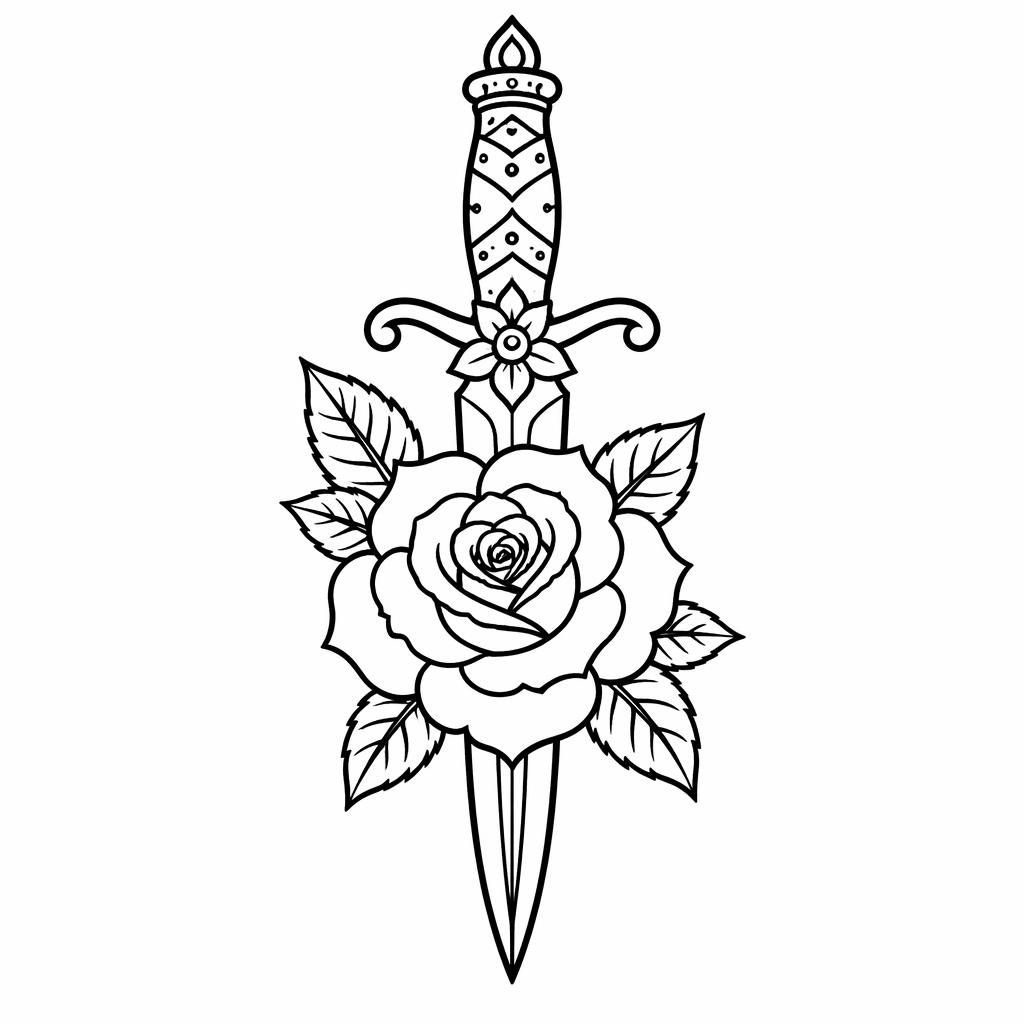 Traditionelle Rose mit Dolch als Tattoo-Skizze in klarer Linework auf weißem Papier, kontrastreich und ohne Schattierung.