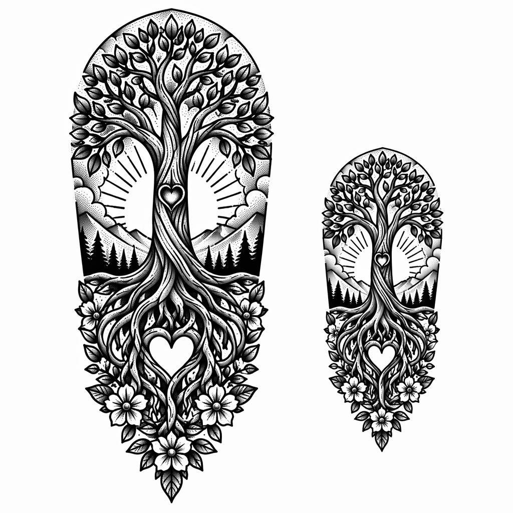 Blackwork dotwork tree tattoo design on white paper in traditional American flash style for an upper arm sleeve panel.