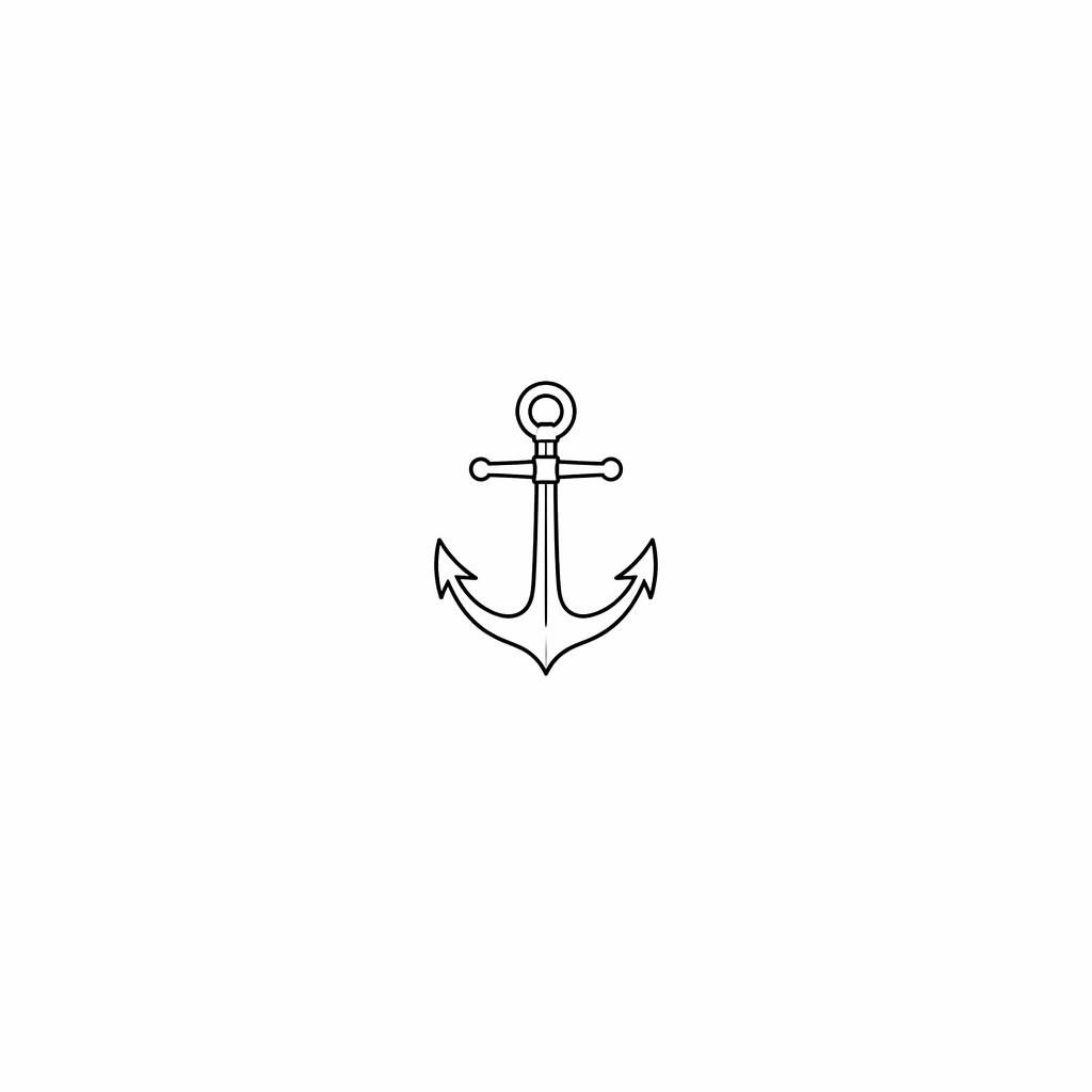 Minimal fineline traditional anchor tattoo design on white paper, tiny flash-sheet illustration with sharp black lines.