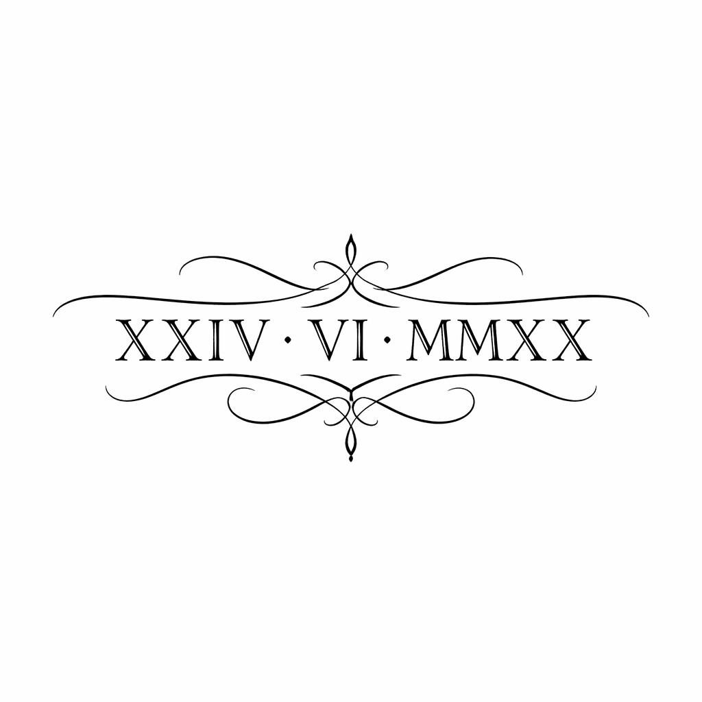 Saubere Tattoo-Vorlage auf weißem Papier mit römischem Datumsdesign in feiner Script- und Lettering-Linie.