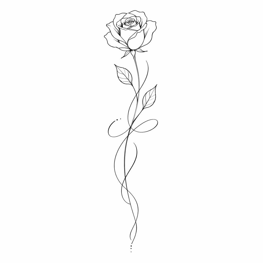 Minimalist fineline rose tattoo design drawn on white paper, clean high-contrast lines, flash-sheet style, no shading.