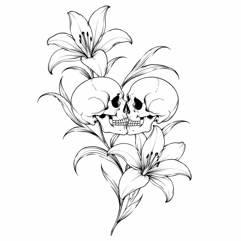 Diseño de tatuaje de lirio minimalista fineline en negro sobre papel blanco, líneas nítidas y alto contraste.