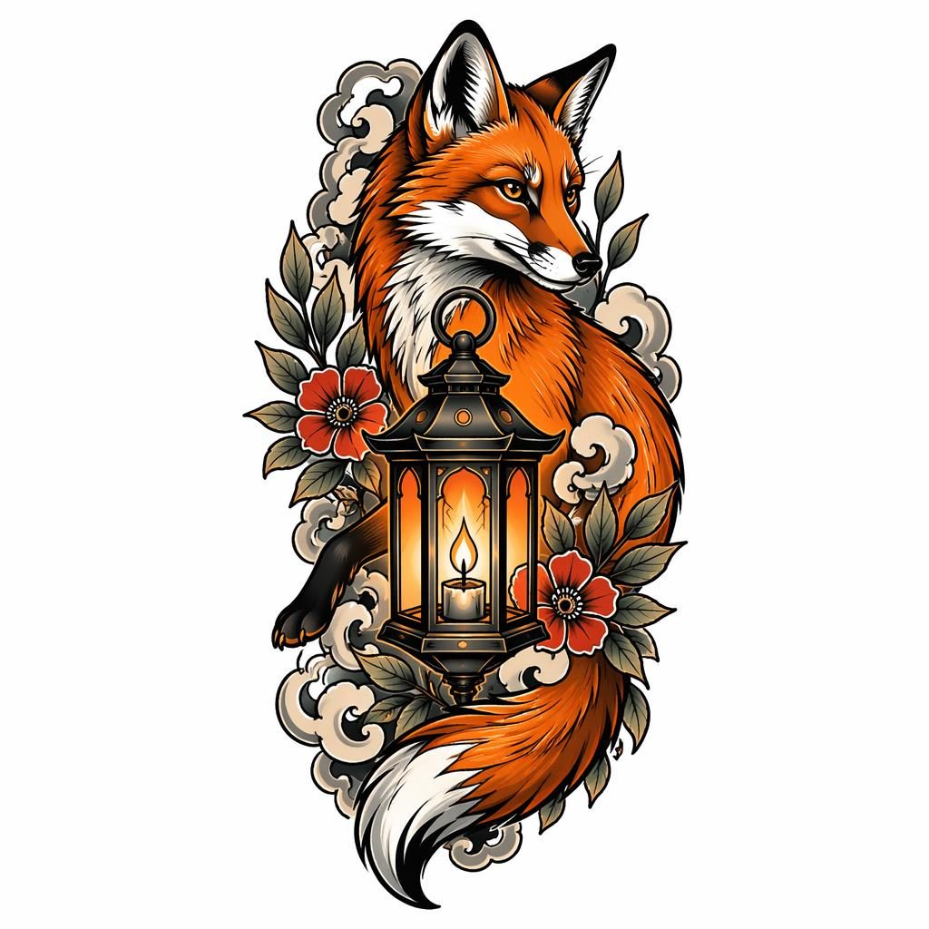 Neo traditional fox lantern tattoo design on white paper in American traditional style, clean flash-sheet lines.