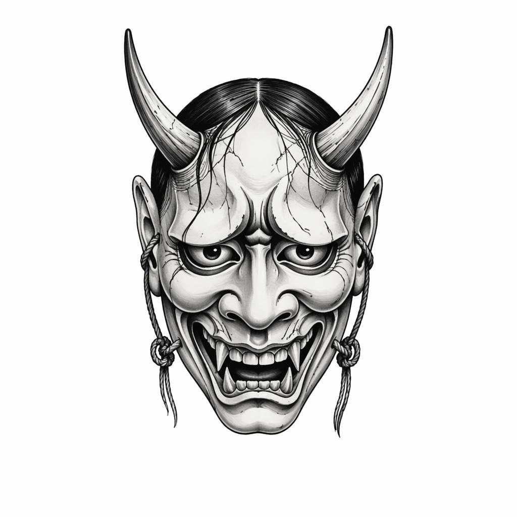 Tattoo-Design einer japanischen Hannya-Maske auf weißem Papier, realistisch, kontraststark, saubere Linien.
