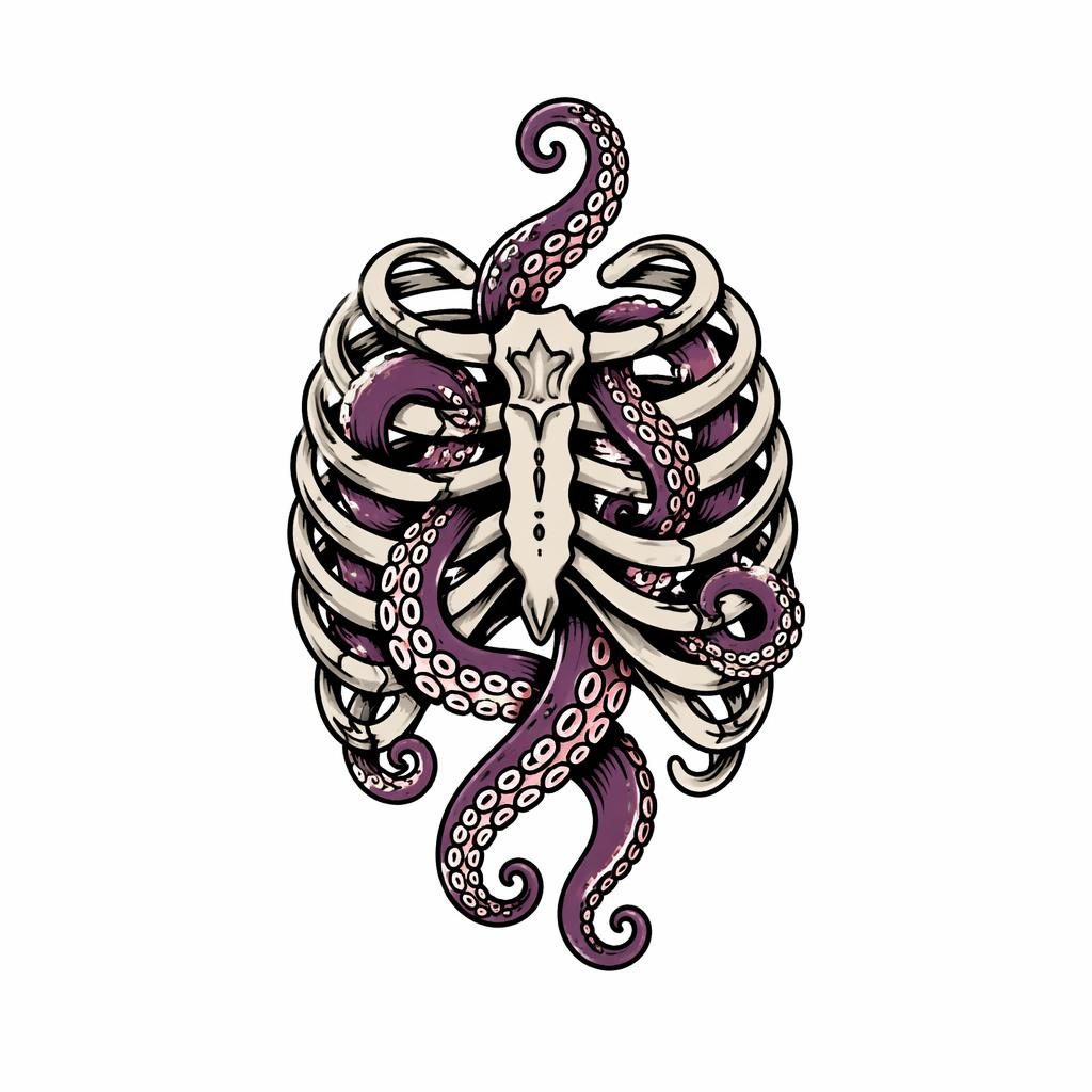 Neo-traditionelles Tattoo-Design auf weißem Papier mit Oktopus-Tentakeln und Rippen, klein, kontrastreich, klare Linien.