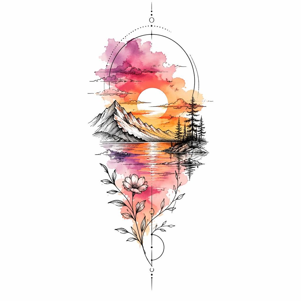 Sketch-style tattoo design on white paper with fine linework and a watercolor sunset palette for a forearm piece.