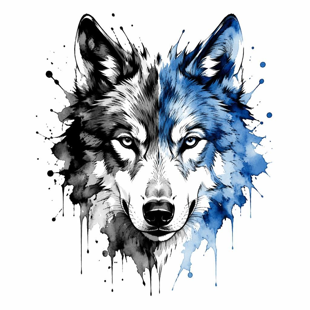 Blackwork watercolor wolf face tattoo design on white paper, bold lines, high contrast, clean flash-sheet style.