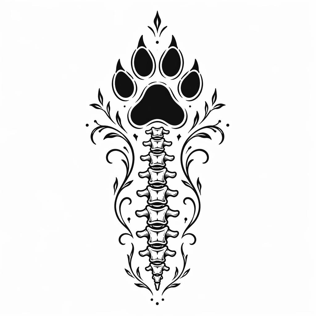 Blackwork ornamental spine tattoo design drawn on white paper in neo-traditional flash style with sharp high-contrast lines.