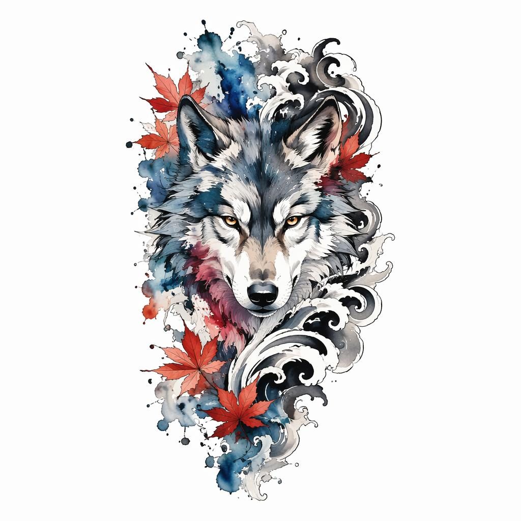 Watercolor wolf face tattoo design on white paper in Japanese irezumi style with sharp lines and clean flash-sheet layout.
