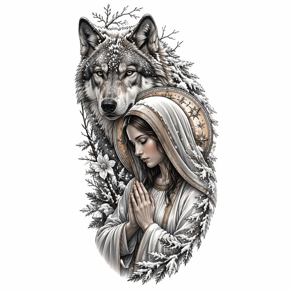 Neo-traditional wolf tattoo design on white paper with snowy realism details, sharp lines, and clean flash-sheet styling.