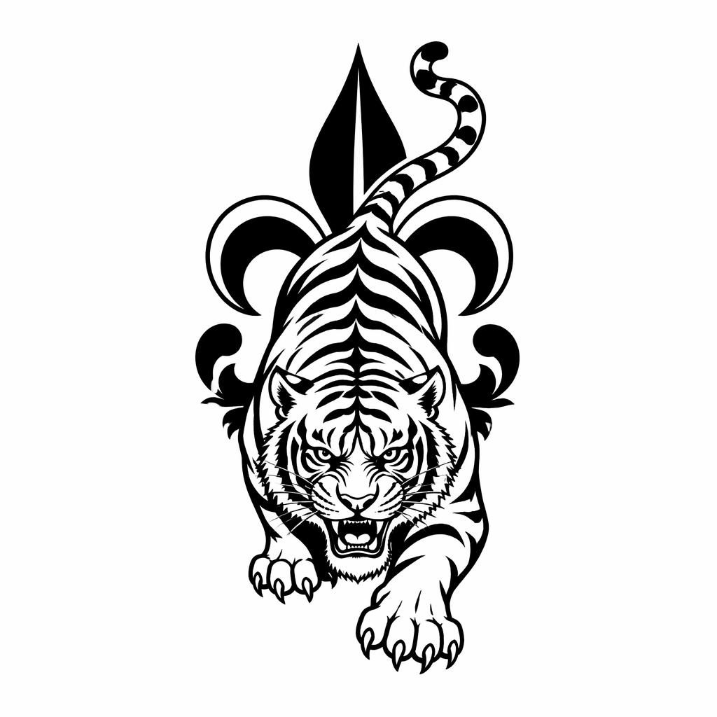 Blackwork tattoo flash of a crawling Japanese tiger on white paper, bold sharp lines, small forearm concept