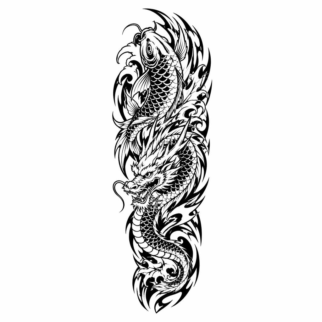 Tiny tribal Japanese koi dragon sleeve tattoo design on white paper, flash-sheet style with sharp black lines.