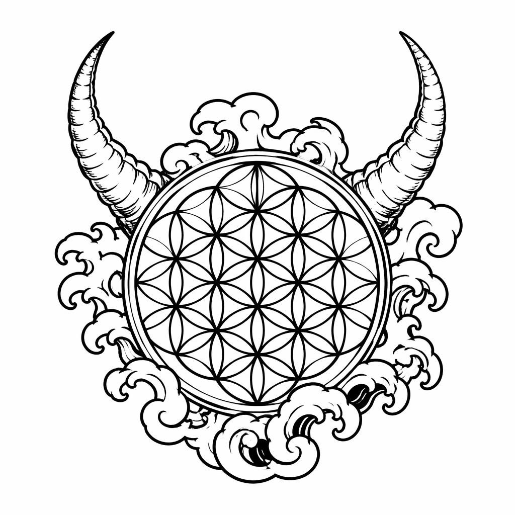 Tattoo-Design auf weißem Papier mit Flower of Life in japanischem Irezumi-Stil, klare Linien, hoher Kontrast