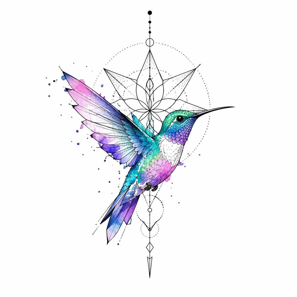 Dessin de tatouage sur papier blanc : colibri aquarelle en style géométrique dotwork, lignes nettes et contraste fort.
