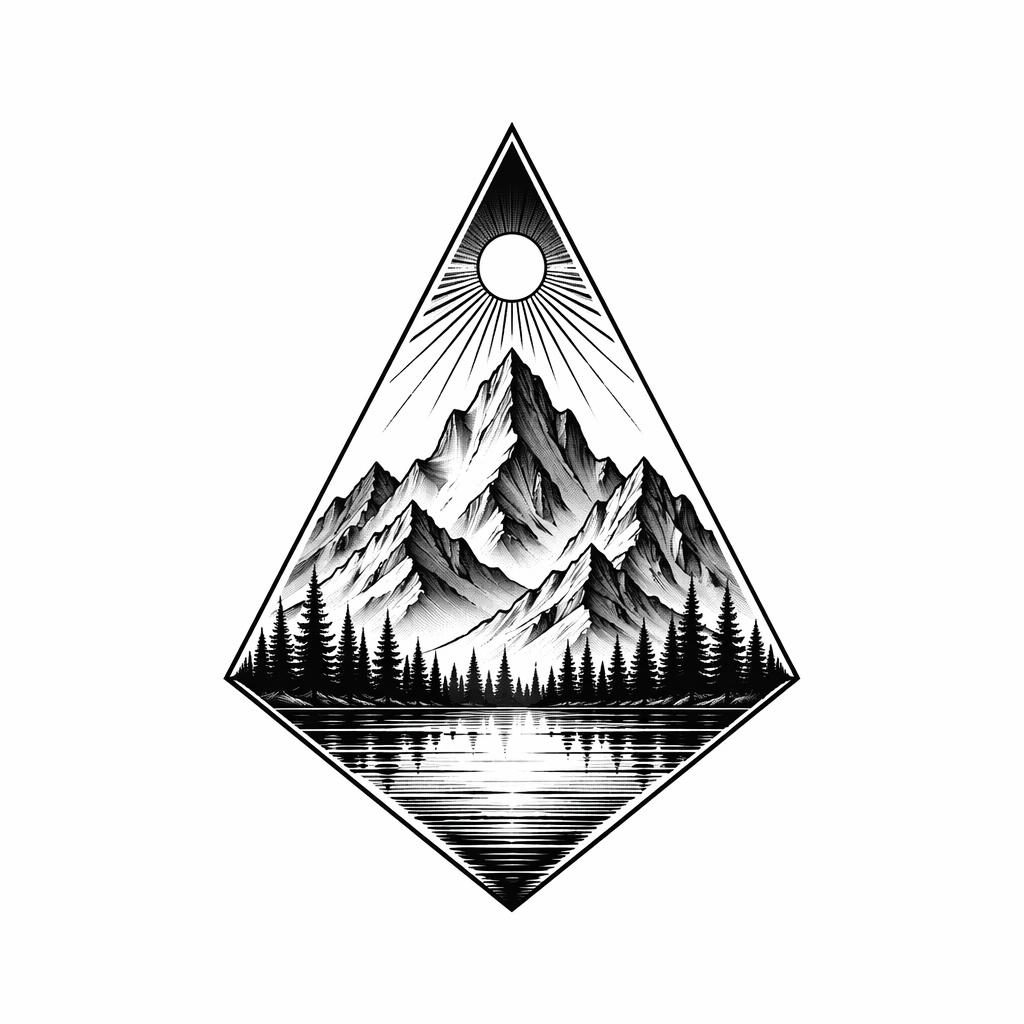 Geometric mountain triangle tattoo design on white paper with sharp black lines, high contrast, and clean flash-sheet style.
