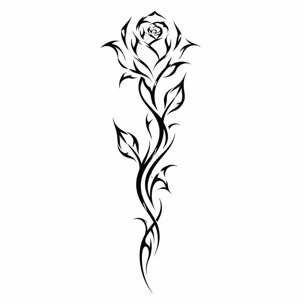 Minimalist fineline rose tattoo design in tribal style on plain white paper, sharp black lines, flash-sheet illustration.