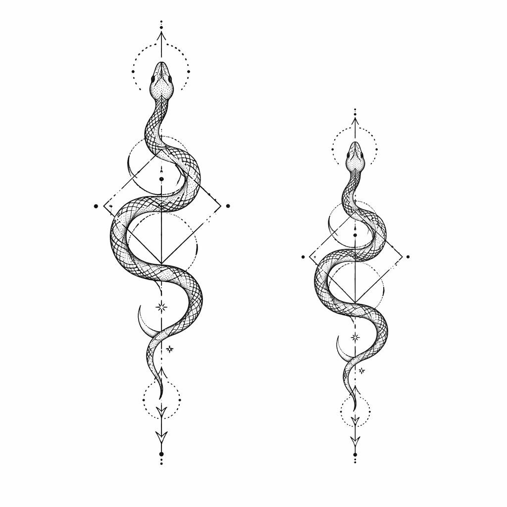 Geometric dotwork snake tattoo design on white paper, tiny flash-style illustration for calf placement.