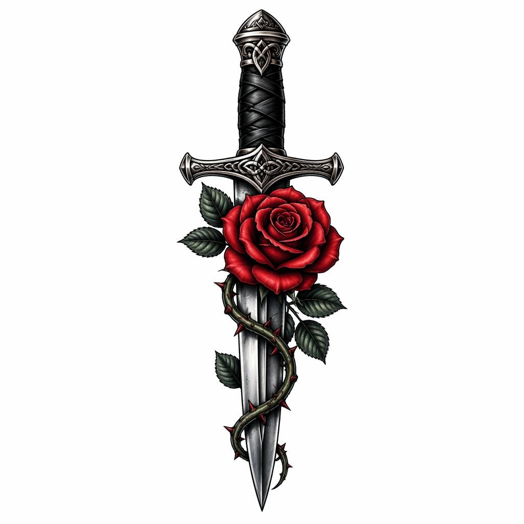 Tattoo-Design auf weißem Papier: traditioneller Rosen-Dolch als saubere Flash-Sheet-Illustration mit scharfen Linien