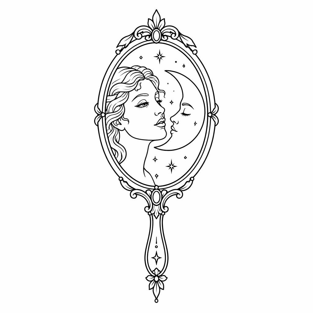 Fineline-Tattooentwurf eines neo-traditionellen Venusspiegels auf weißem Papier, klare Linien, hoher Kontrast.